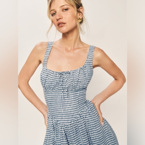 NEW Reformation Balia Midi Linen Dress Slate Check Plaid Navy White | US 2 UK 4 - Picture 6 of 15